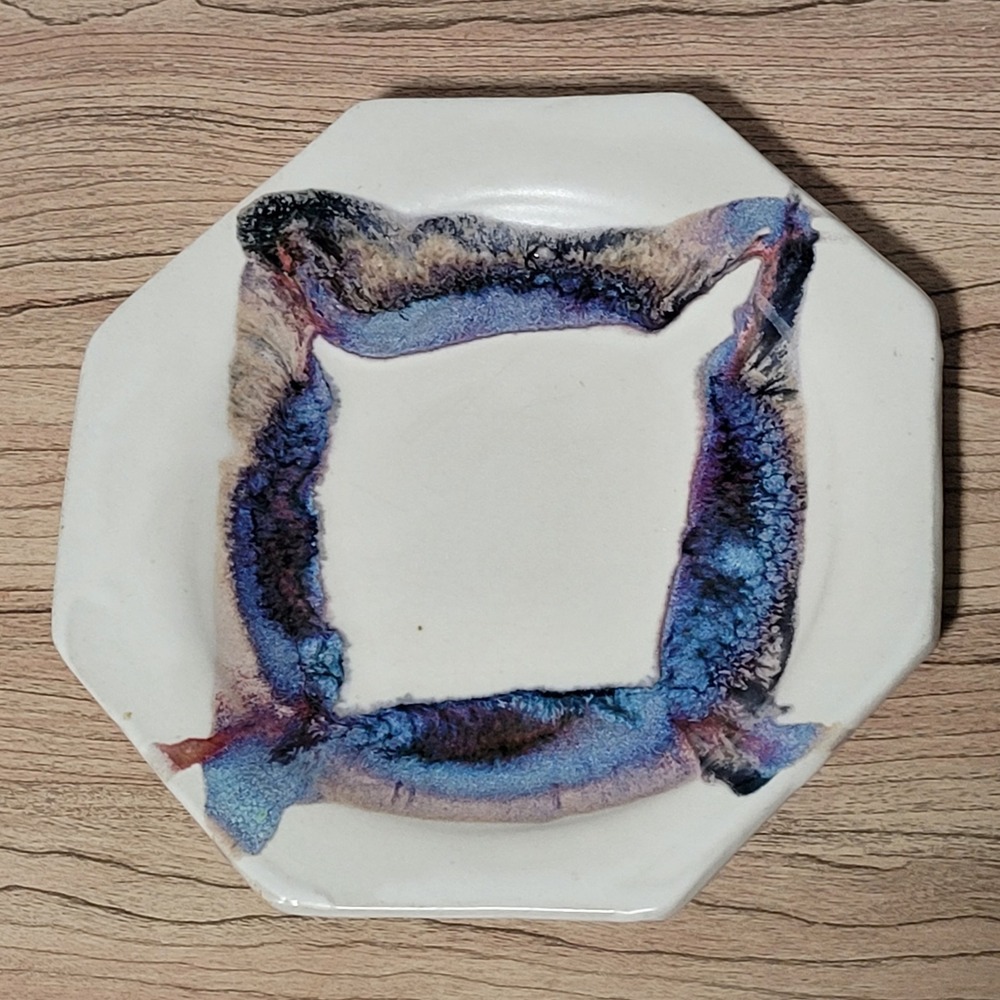 Unique Octagon Ceramic Plate Hand Painted Blue Purple Glaze Dish Art vintage